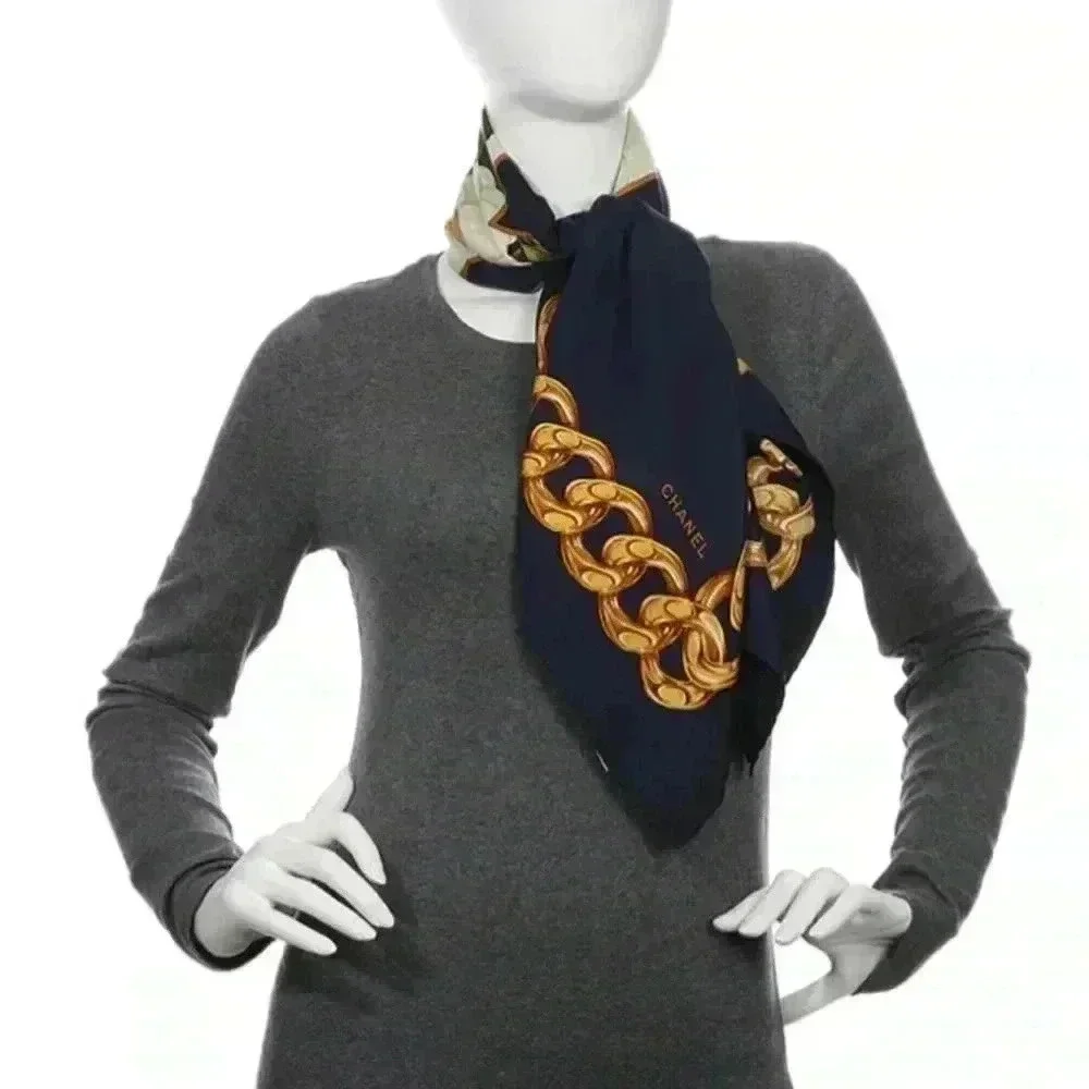 AUTHENTIC CHANEL SILK navy scarf logo chain camellia